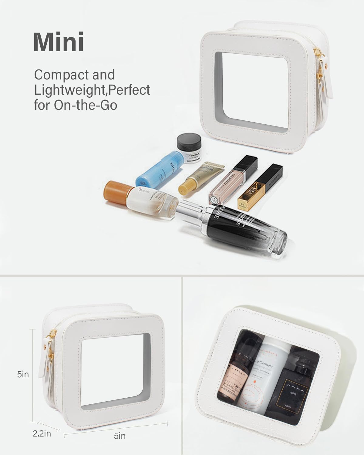 2 Pcs Travel Clear Makeup Bag Set, Clear White Makeup Organizer with Zipper Leather Travel Bags for Toiletries Small Cosmetic Bags for Women Mini Make up Pouch Toiletry Bags Car Essentials