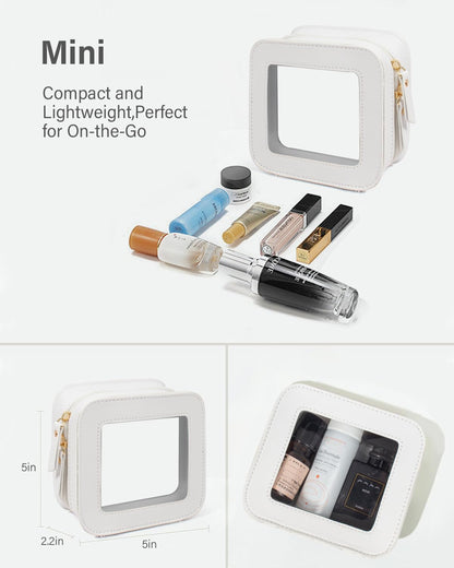 2 Pcs Travel Clear Makeup Bag Set, Clear White Makeup Organizer with Zipper Leather Travel Bags for Toiletries Small Cosmetic Bags for Women Mini Make up Pouch Toiletry Bags Car Essentials