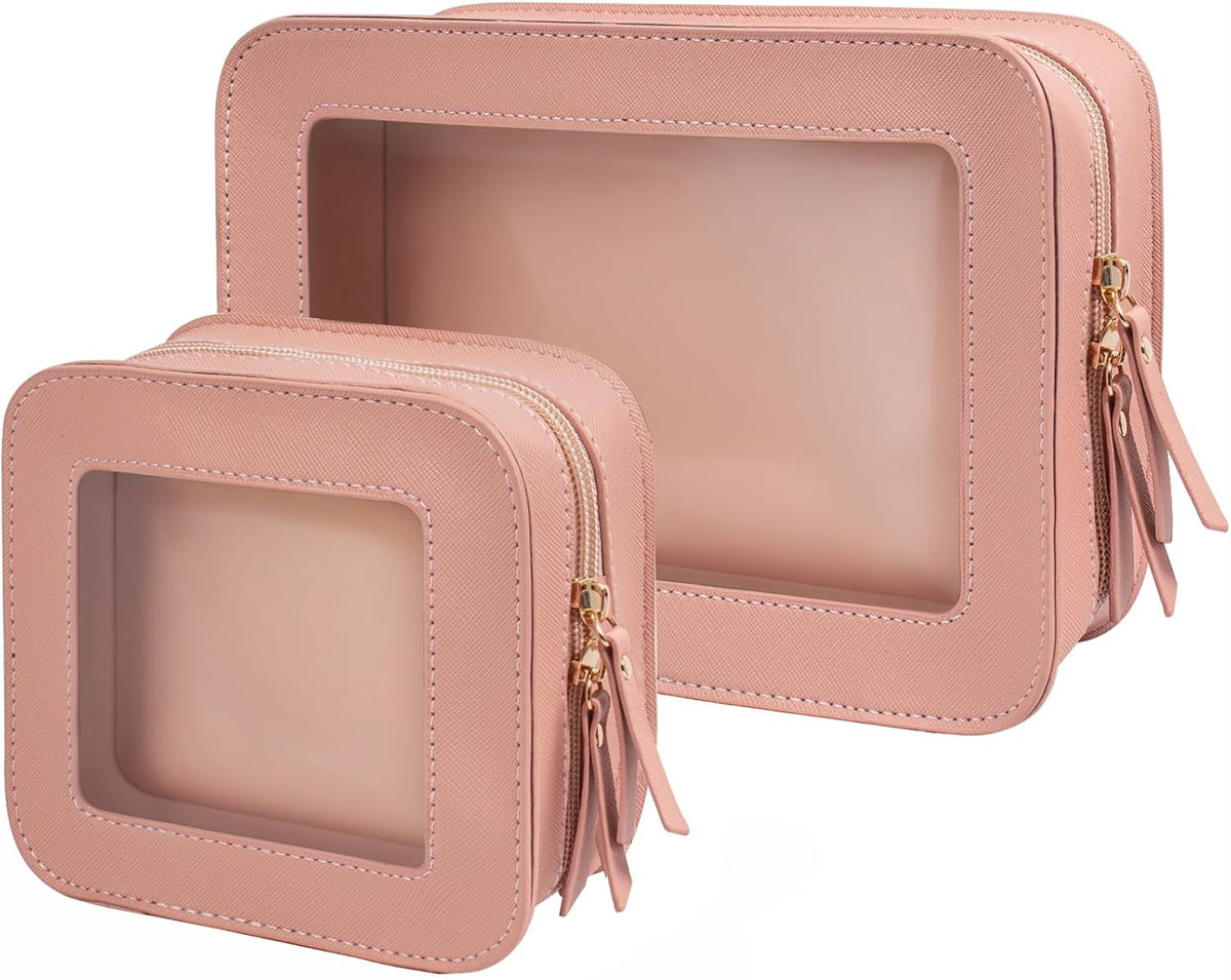 2 Pcs Travel Clear Makeup Bag Set, Clear White Makeup Organizer with Zipper Leather Travel Bags for Toiletries Small Cosmetic Bags for Women Mini Make up Pouch Toiletry Bags Car Essentials