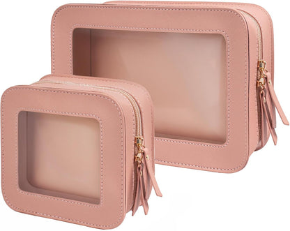 2 Pcs Travel Clear Makeup Bag Set, Clear White Makeup Organizer with Zipper Leather Travel Bags for Toiletries Small Cosmetic Bags for Women Mini Make up Pouch Toiletry Bags Car Essentials