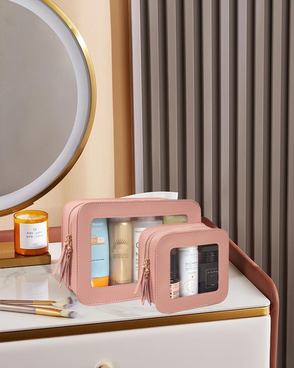 2 Pcs Travel Clear Makeup Bag Set, Clear White Makeup Organizer with Zipper Leather Travel Bags for Toiletries Small Cosmetic Bags for Women Mini Make up Pouch Toiletry Bags Car Essentials