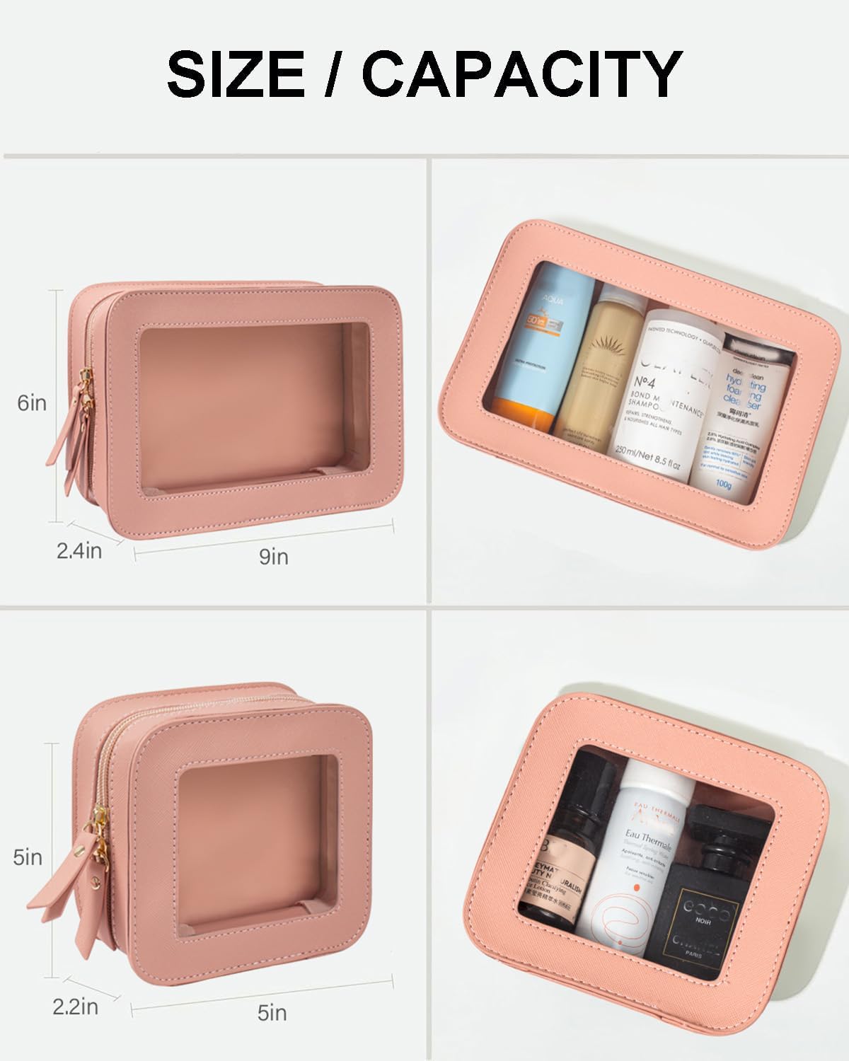 2 Pcs Travel Clear Makeup Bag Set, Clear White Makeup Organizer with Zipper Leather Travel Bags for Toiletries Small Cosmetic Bags for Women Mini Make up Pouch Toiletry Bags Car Essentials