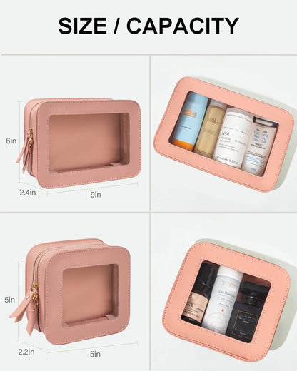 2 Pcs Travel Clear Makeup Bag Set, Clear White Makeup Organizer with Zipper Leather Travel Bags for Toiletries Small Cosmetic Bags for Women Mini Make up Pouch Toiletry Bags Car Essentials