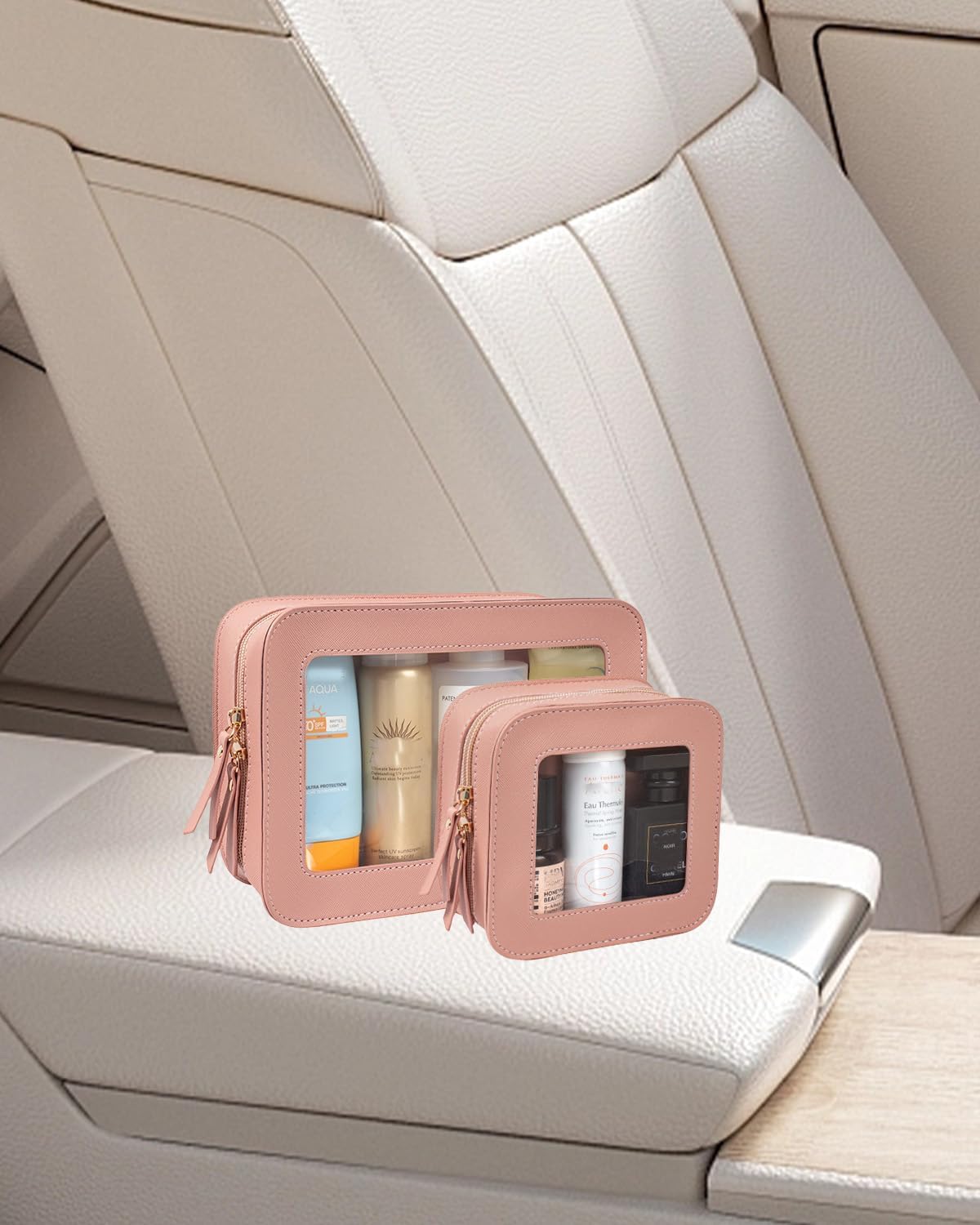 2 Pcs Travel Clear Makeup Bag Set, Clear White Makeup Organizer with Zipper Leather Travel Bags for Toiletries Small Cosmetic Bags for Women Mini Make up Pouch Toiletry Bags Car Essentials