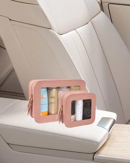 2 Pcs Travel Clear Makeup Bag Set, Clear White Makeup Organizer with Zipper Leather Travel Bags for Toiletries Small Cosmetic Bags for Women Mini Make up Pouch Toiletry Bags Car Essentials