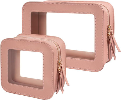 2 Pcs Travel Clear Makeup Bag Set, Clear White Makeup Organizer with Zipper Leather Travel Bags for Toiletries Small Cosmetic Bags for Women Mini Make up Pouch Toiletry Bags Car Essentials