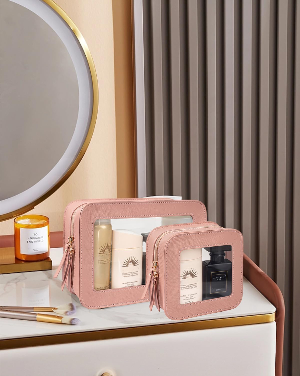 2 Pcs Travel Clear Makeup Bag Set, Clear White Makeup Organizer with Zipper Leather Travel Bags for Toiletries Small Cosmetic Bags for Women Mini Make up Pouch Toiletry Bags Car Essentials