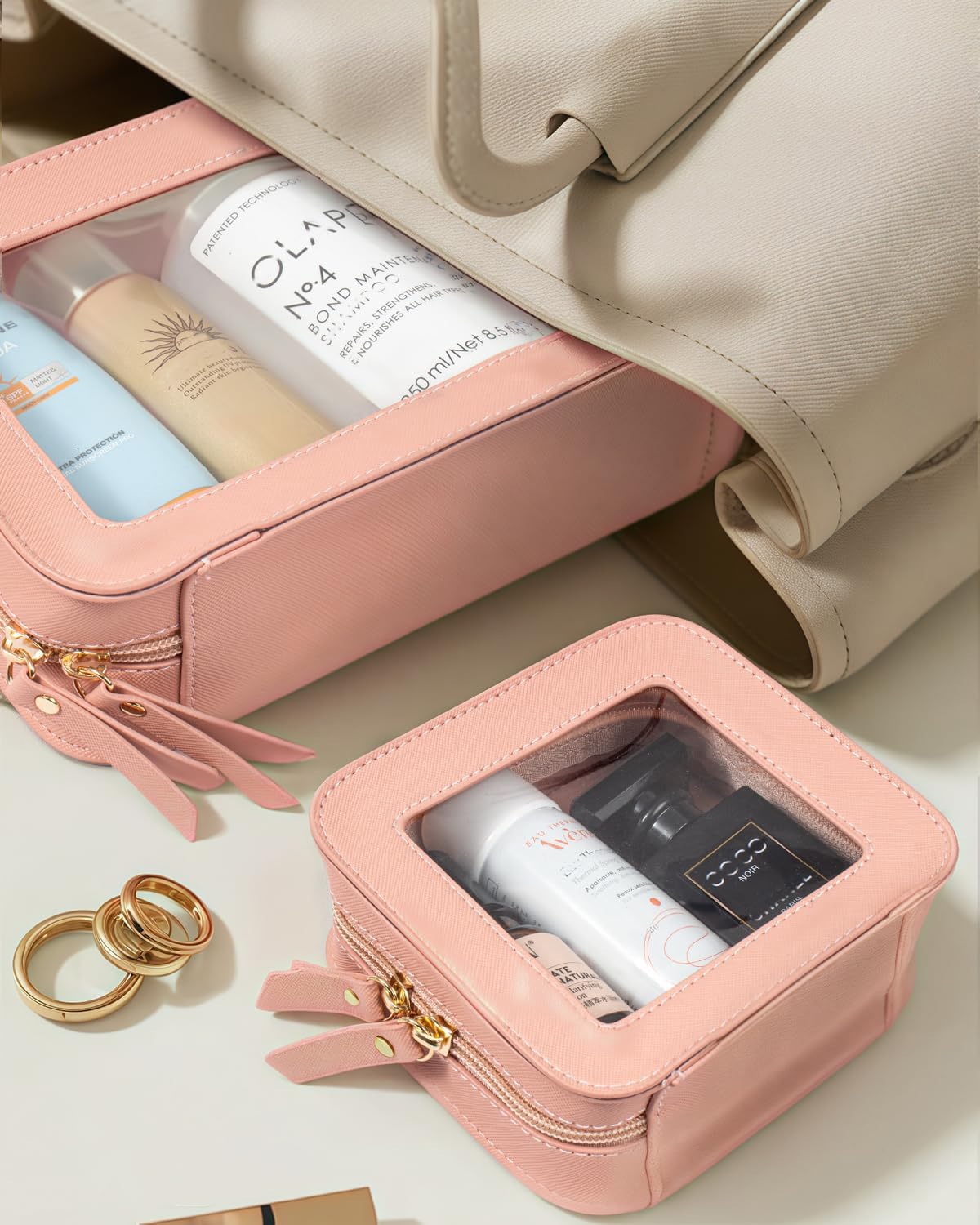2 Pcs Travel Clear Makeup Bag Set, Clear White Makeup Organizer with Zipper Leather Travel Bags for Toiletries Small Cosmetic Bags for Women Mini Make up Pouch Toiletry Bags Car Essentials
