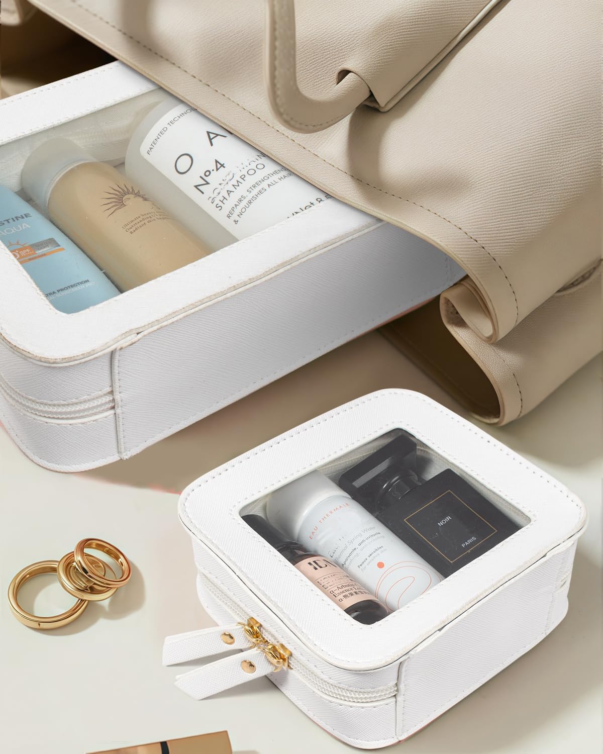 2 Pcs Travel Clear Makeup Bag Set, Clear White Makeup Organizer with Zipper Leather Travel Bags for Toiletries Small Cosmetic Bags for Women Mini Make up Pouch Toiletry Bags Car Essentials