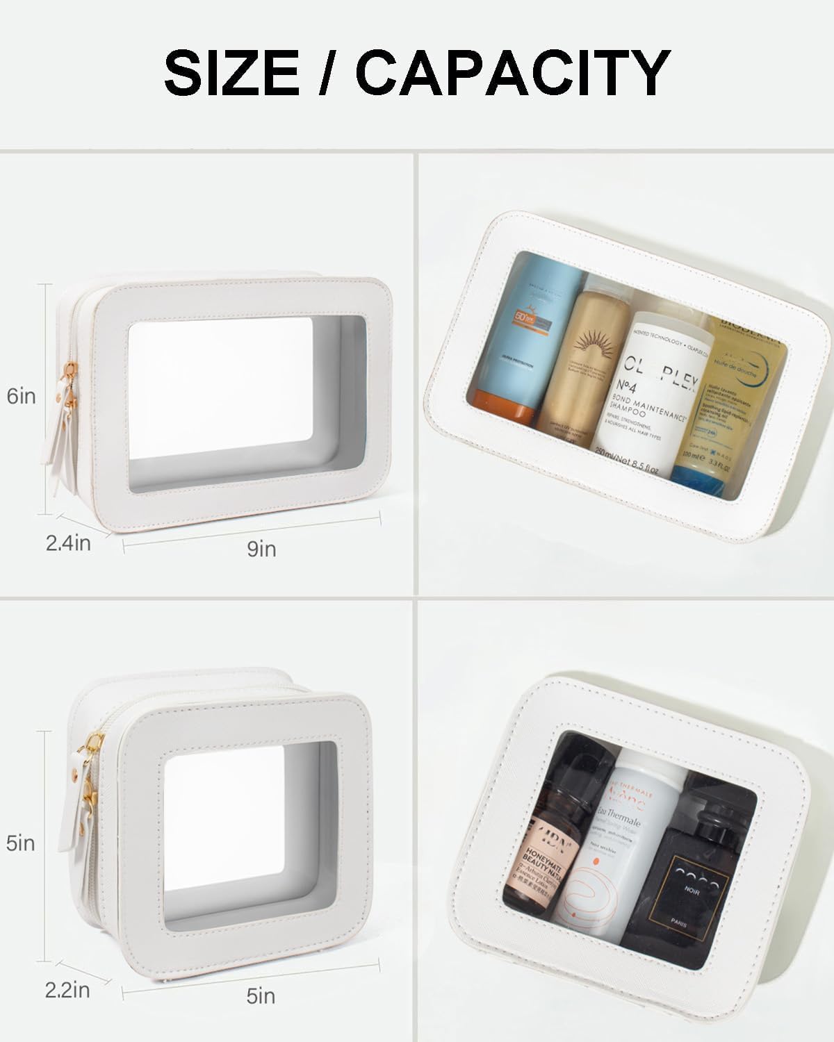 2 Pcs Travel Clear Makeup Bag Set, Clear White Makeup Organizer with Zipper Leather Travel Bags for Toiletries Small Cosmetic Bags for Women Mini Make up Pouch Toiletry Bags Car Essentials