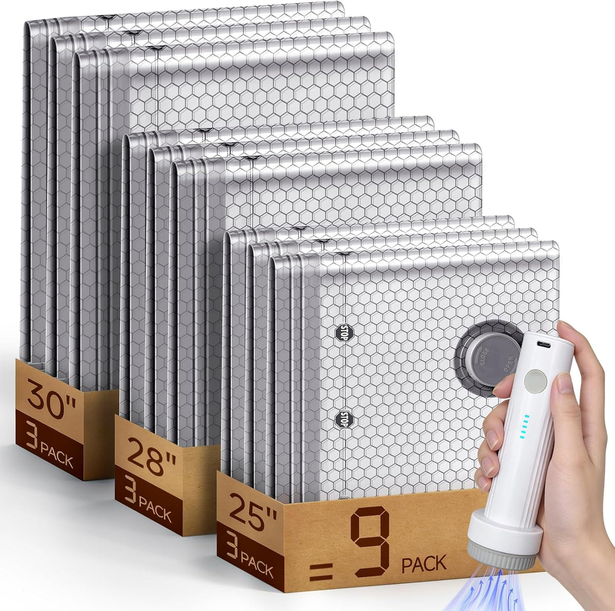 Space Saver Vacuum Storage Bags with Portable Electric Pump, Vacuum Seal Bags for Clothing Travel, Compression Bags for Travel & Home, Clothes, Blankets, Seasonal Storage, 9 Combo (3L/3M/3S)