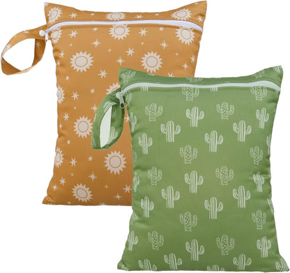 2pcs Wet/Dry BagWaterproof Bag Set for baby | Towels,Diaper,Swim ,Beach,Gym,Wet Clothes,Wet Swimsuit Bag,10.2x14.4 inches(Cactus)