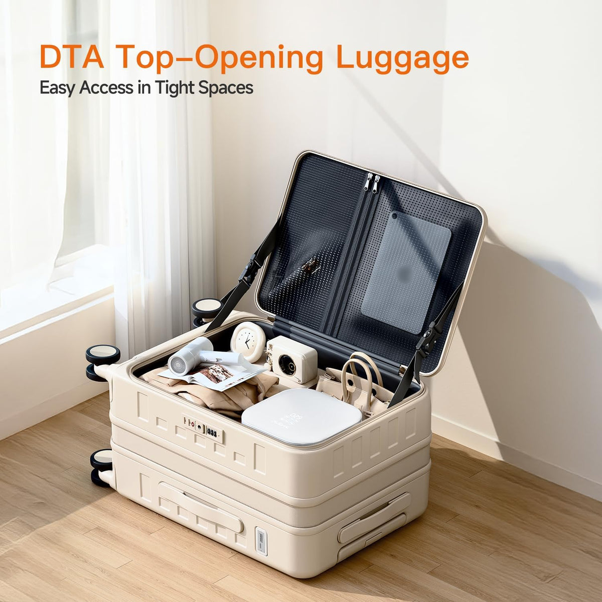 Expandable Lightweight PC Hard Shell Suitcase, 20-inch Carry On Luggage with TSA Lock, 360 Silent Spinner Wheels, Top Opening & Cup Holder - Ideal for Business Travel Suitcase (Ivory)