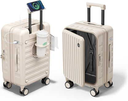 Expandable Lightweight PC Hard Shell Suitcase, 20-inch Carry On Luggage with TSA Lock, 360 Silent Spinner Wheels, Top Opening & Cup Holder - Ideal for Business Travel Suitcase (Ivory)