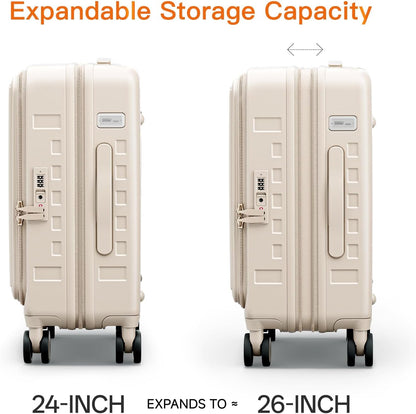 Expandable Lightweight PC Hard Shell Suitcase, 20-inch Carry On Luggage with TSA Lock, 360 Silent Spinner Wheels, Top Opening & Cup Holder - Ideal for Business Travel Suitcase (Ivory)