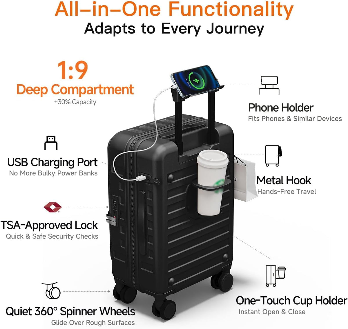 Expandable Lightweight PC Hard Shell Suitcase, 20-inch Carry On Luggage with TSA Lock, 360 Silent Spinner Wheels, Top Opening & Cup Holder - Ideal for Business Travel Suitcase (Ivory)