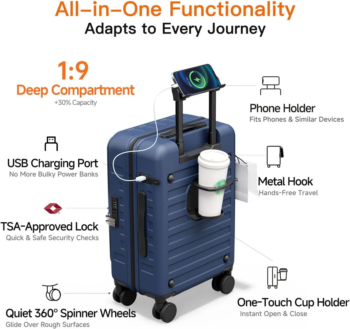 Expandable Lightweight PC Hard Shell Suitcase, 20-inch Carry On Luggage with TSA Lock, 360 Silent Spinner Wheels, Top Opening & Cup Holder - Ideal for Business Travel Suitcase (Ivory)