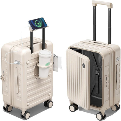 Expandable Lightweight PC Hard Shell Suitcase, 20-inch Carry On Luggage with TSA Lock, 360 Silent Spinner Wheels, Top Opening & Cup Holder - Ideal for Business Travel Suitcase (Ivory)