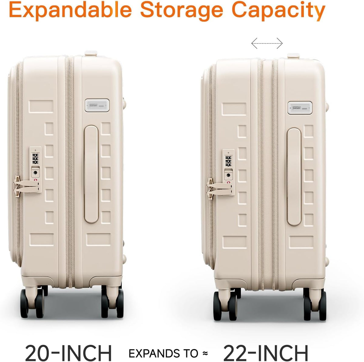 Expandable Lightweight PC Hard Shell Suitcase, 20-inch Carry On Luggage with TSA Lock, 360 Silent Spinner Wheels, Top Opening & Cup Holder - Ideal for Business Travel Suitcase (Ivory)
