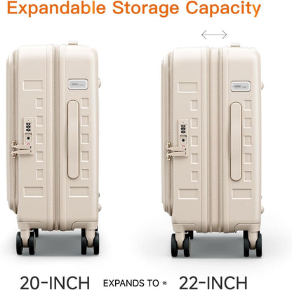Expandable Lightweight PC Hard Shell Suitcase, 20-inch Carry On Luggage with TSA Lock, 360 Silent Spinner Wheels, Top Opening & Cup Holder - Ideal for Business Travel Suitcase (Ivory)