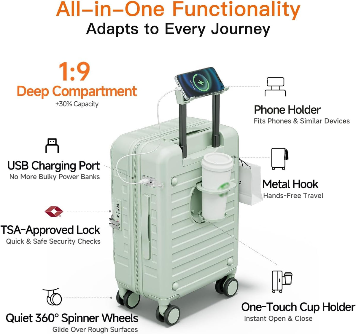 Expandable Lightweight PC Hard Shell Suitcase, 20-inch Carry On Luggage with TSA Lock, 360 Silent Spinner Wheels, Top Opening & Cup Holder - Ideal for Business Travel Suitcase (Ivory)