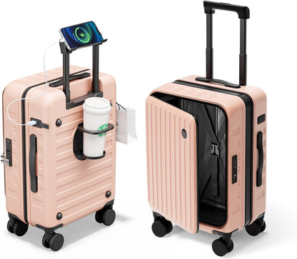 Expandable Lightweight PC Hard Shell Suitcase, 20-inch Carry On Luggage with TSA Lock, 360 Silent Spinner Wheels, Top Opening & Cup Holder - Ideal for Business Travel Suitcase (Ivory)