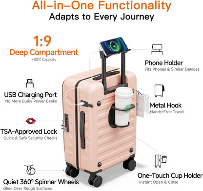 Expandable Lightweight PC Hard Shell Suitcase, 20-inch Carry On Luggage with TSA Lock, 360 Silent Spinner Wheels, Top Opening & Cup Holder - Ideal for Business Travel Suitcase (Ivory)