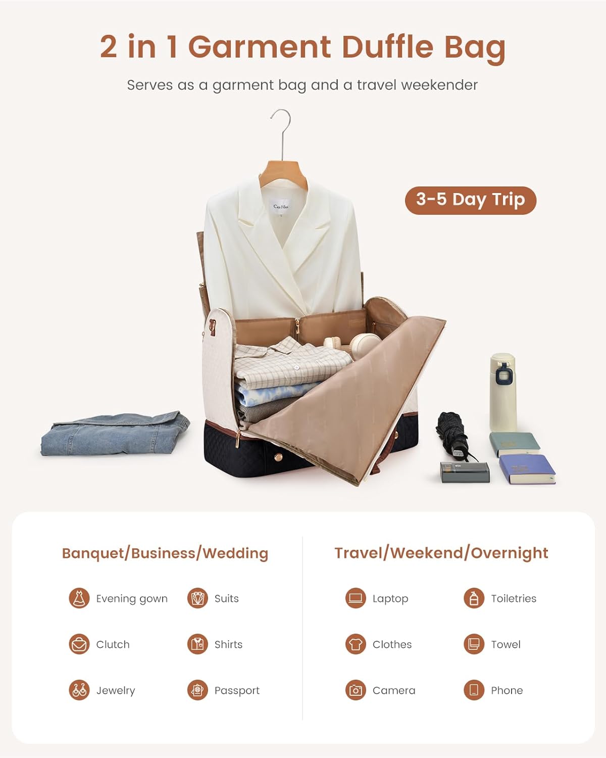 2 in 1 Garment Bag for Women with Shoe Pouch, Convertible Hanging Suit Bag Suitcase, Carry On Travel Duffel Bag with Toiletry Bag, Waterproof Weekender Bag for Business, Trip, Wedding