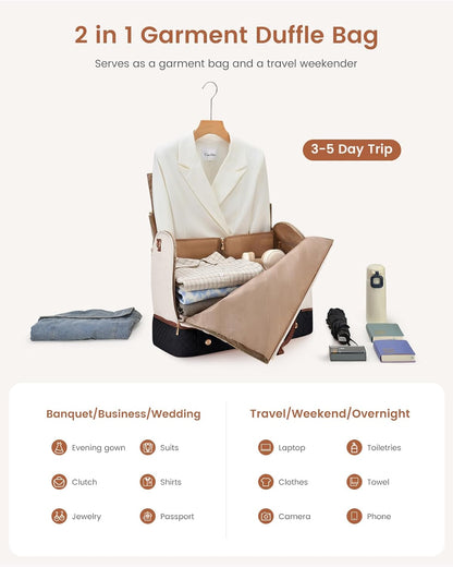 2 in 1 Garment Bag for Women with Shoe Pouch, Convertible Hanging Suit Bag Suitcase, Carry On Travel Duffel Bag with Toiletry Bag, Waterproof Weekender Bag for Business, Trip, Wedding
