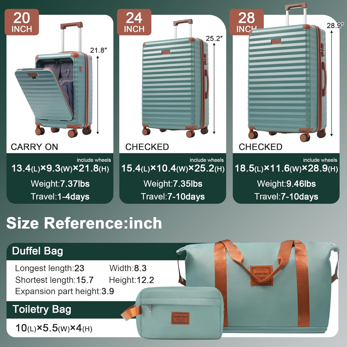 Hardshell Luggage Set, Travel Suitcase Set | Carry on suitcase,Travel luggage set with double spinner wheels and lock.14" 20" 24" 28"+Duffel Bag+Toiletry Bag - Colors A