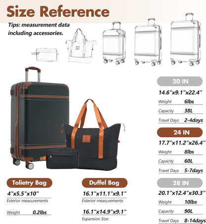 Hardshell Luggage Set, Travel Suitcase Set | Carry on suitcase,Travel luggage set with double spinner wheels and lock.14" 20" 24" 28"+Duffel Bag+Toiletry Bag - Colors A