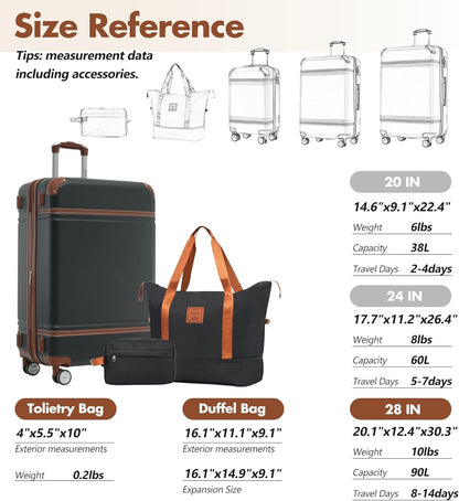 Hardshell Luggage Set, Travel Suitcase Set | Carry on suitcase,Travel luggage set with double spinner wheels and lock.14" 20" 24" 28"+Duffel Bag+Toiletry Bag - Colors A