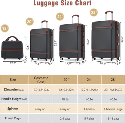 Hardshell Luggage Set, Travel Suitcase Set | Carry on suitcase,Travel luggage set with double spinner wheels and lock.14" 20" 24" 28"+Duffel Bag+Toiletry Bag - Colors A