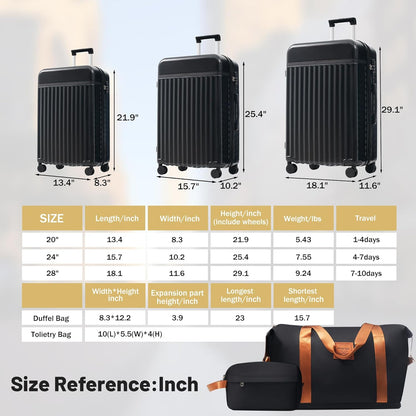 Hardshell Luggage Set, Travel Suitcase Set | Carry on suitcase,Travel luggage set with double spinner wheels and lock.14" 20" 24" 28"+Duffel Bag+Toiletry Bag - Colors A