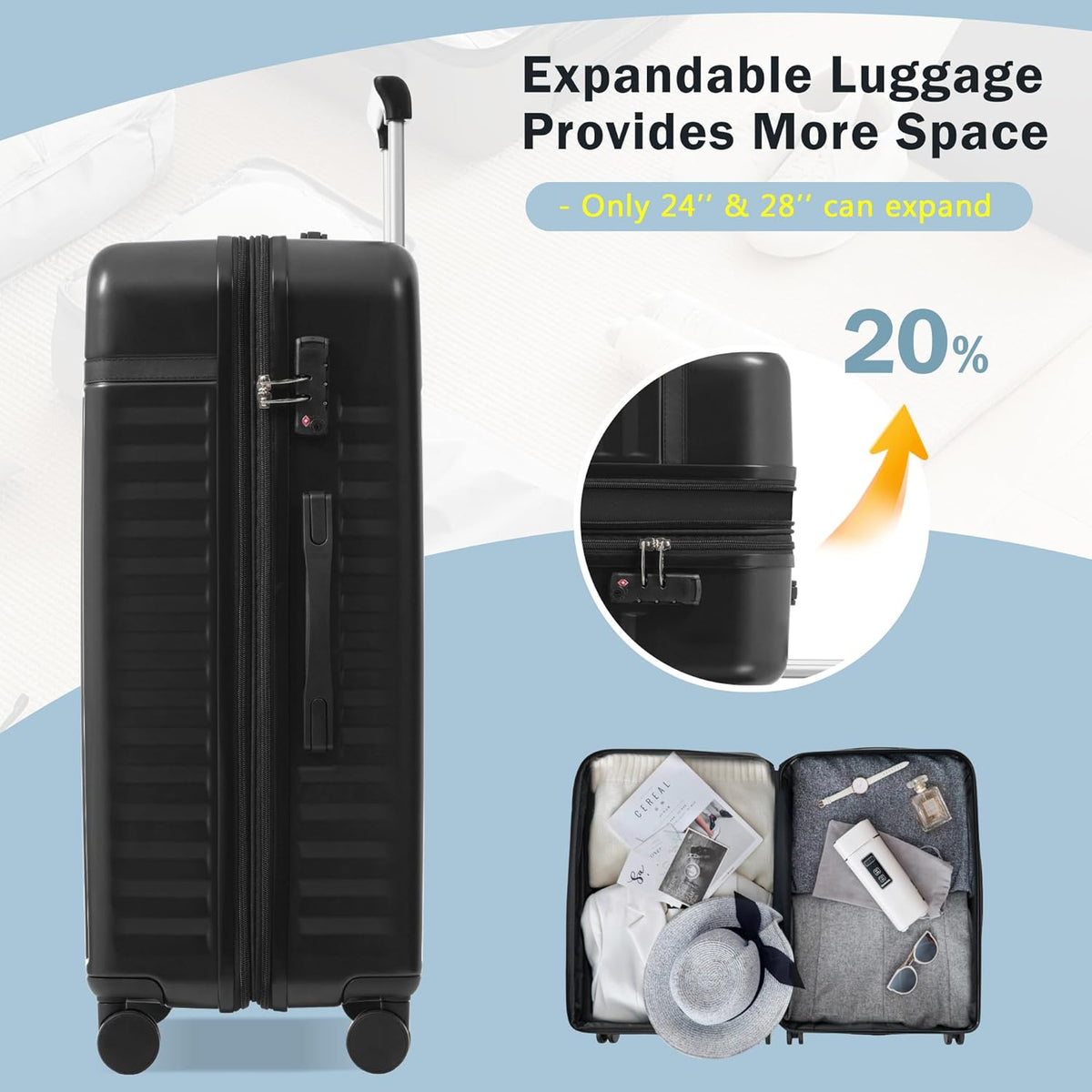 Hardshell Luggage Set, Travel Suitcase Set | Carry on suitcase,Travel luggage set with double spinner wheels and lock.14" 20" 24" 28"+Duffel Bag+Toiletry Bag - Colors A