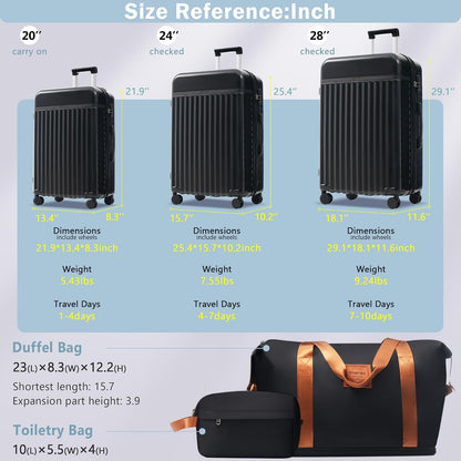 Hardshell Luggage Set, Travel Suitcase Set | Carry on suitcase,Travel luggage set with double spinner wheels and lock.14" 20" 24" 28"+Duffel Bag+Toiletry Bag - Colors A