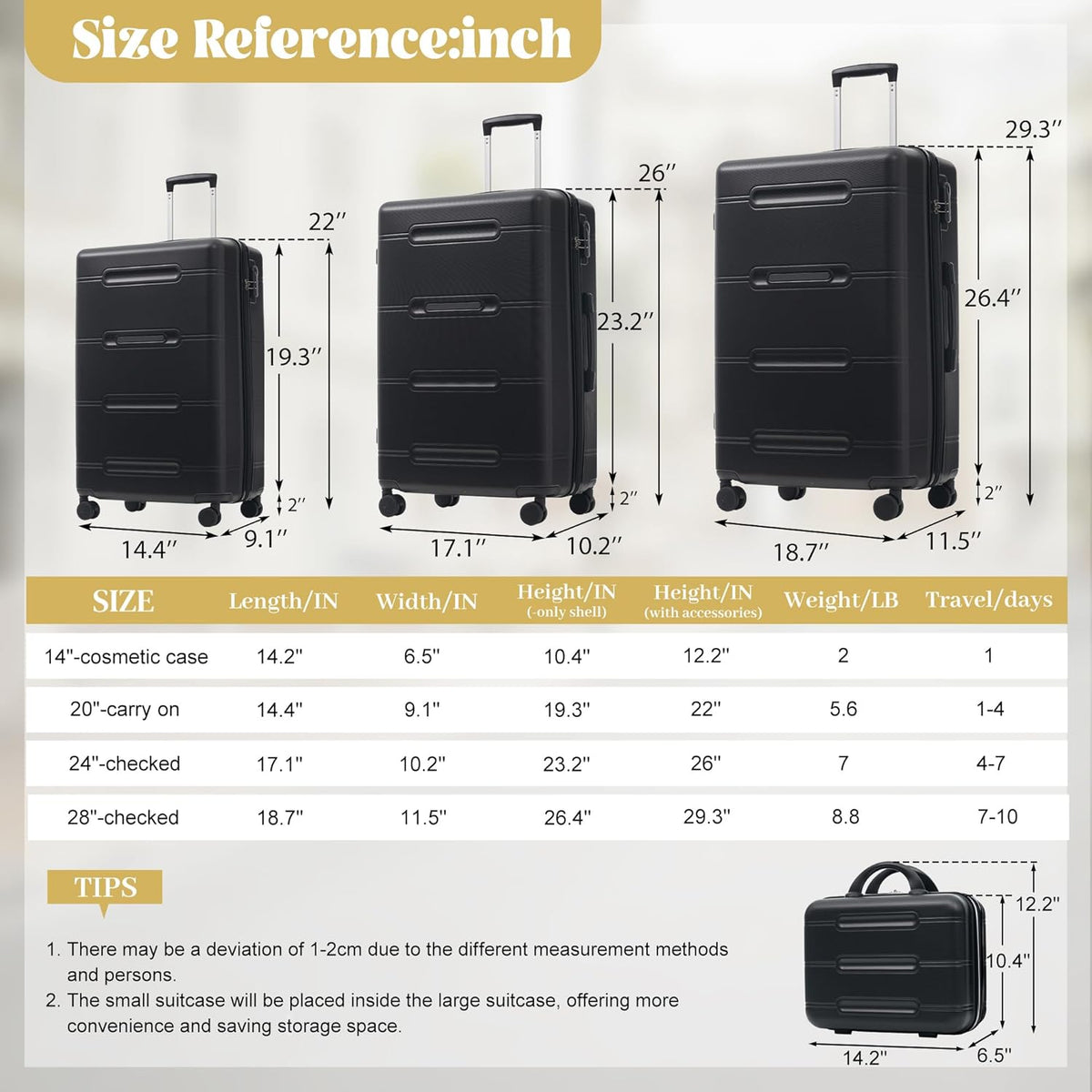 Hardshell Luggage Set, Travel Suitcase Set | Carry on suitcase,Travel luggage set with double spinner wheels and lock.14" 20" 24" 28"+Duffel Bag+Toiletry Bag - Colors A