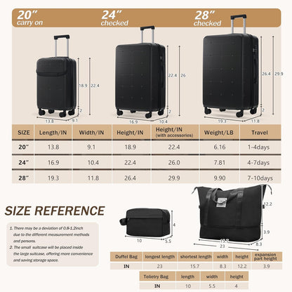 Hardshell Luggage Set, Travel Suitcase Set | Carry on suitcase,Travel luggage set with double spinner wheels and lock.14" 20" 24" 28"+Duffel Bag+Toiletry Bag - Colors A