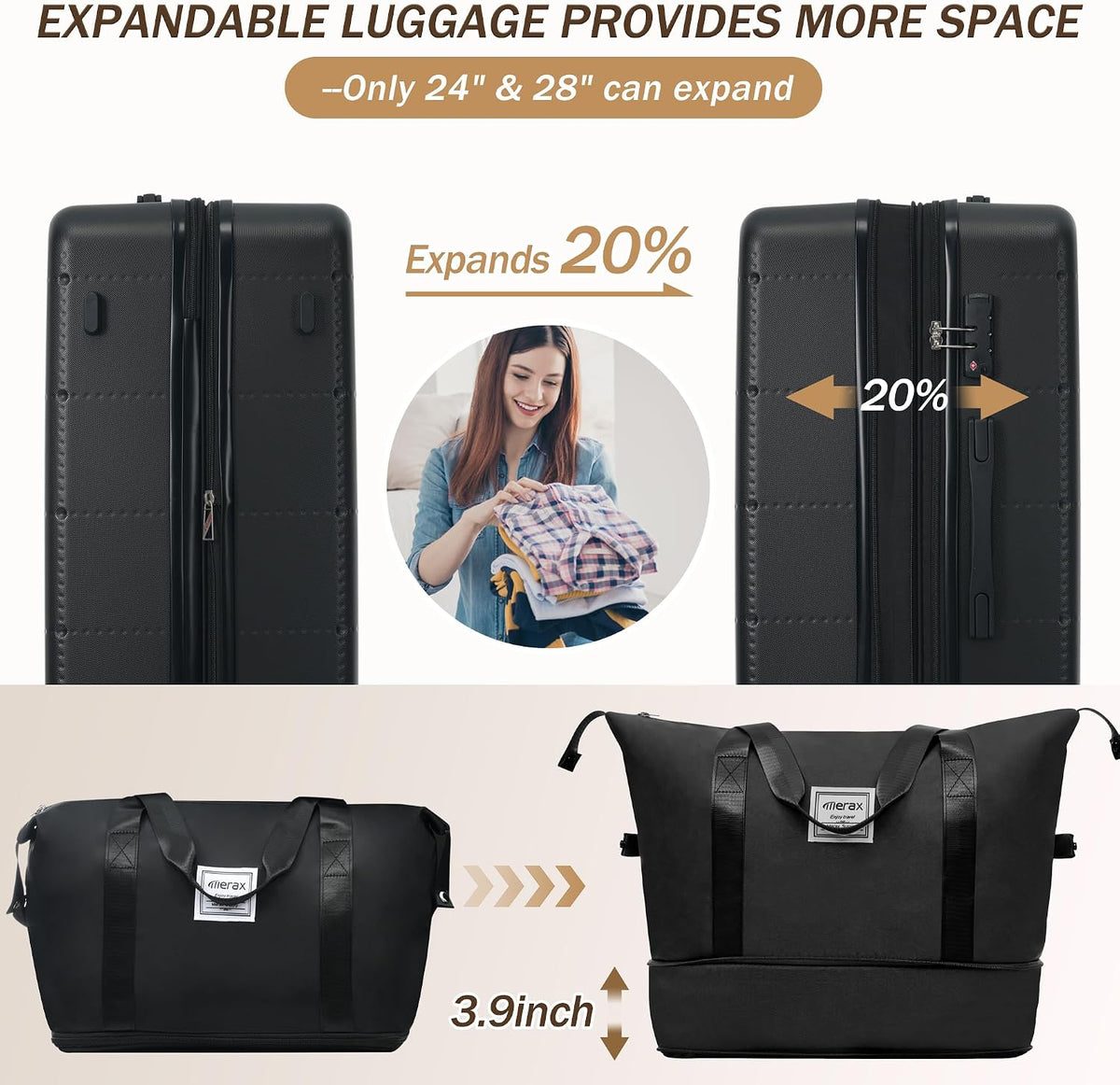 Hardshell Luggage Set, Travel Suitcase Set | Carry on suitcase,Travel luggage set with double spinner wheels and lock.14" 20" 24" 28"+Duffel Bag+Toiletry Bag - Colors A