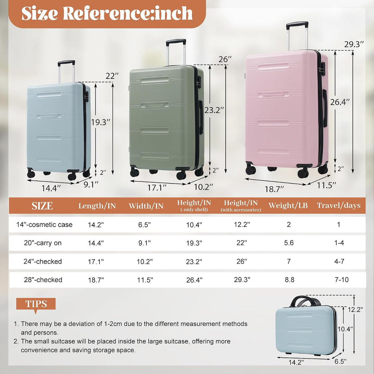 Hardshell Luggage Set, Travel Suitcase Set | Carry on suitcase,Travel luggage set with double spinner wheels and lock.14" 20" 24" 28"+Duffel Bag+Toiletry Bag - Colors A