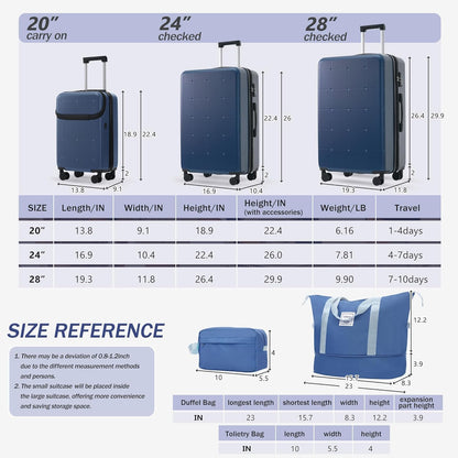 Hardshell Luggage Set, Travel Suitcase Set | Carry on suitcase,Travel luggage set with double spinner wheels and lock.14" 20" 24" 28"+Duffel Bag+Toiletry Bag - Colors A