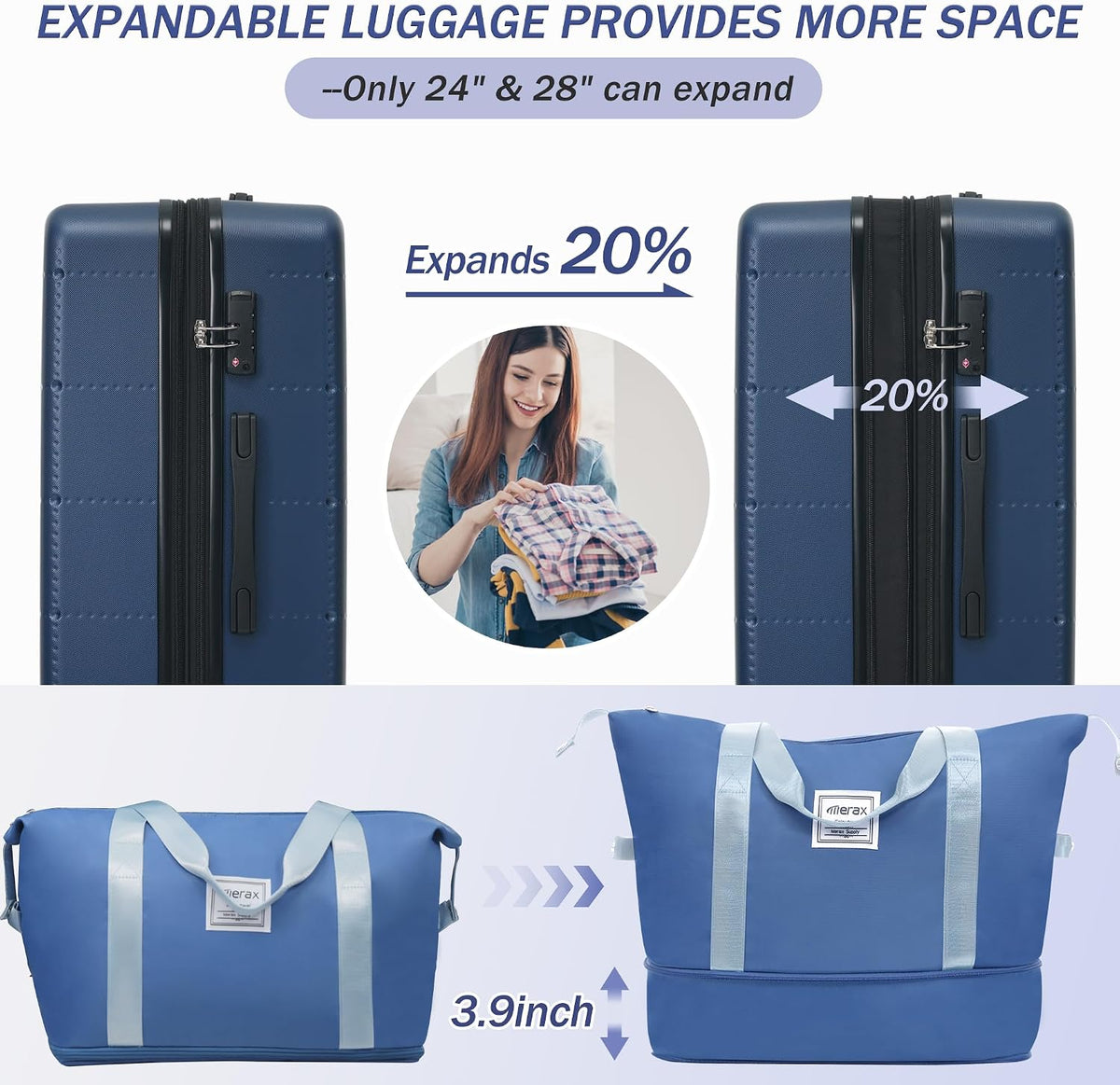 Hardshell Luggage Set, Travel Suitcase Set | Carry on suitcase,Travel luggage set with double spinner wheels and lock.14" 20" 24" 28"+Duffel Bag+Toiletry Bag - Colors A