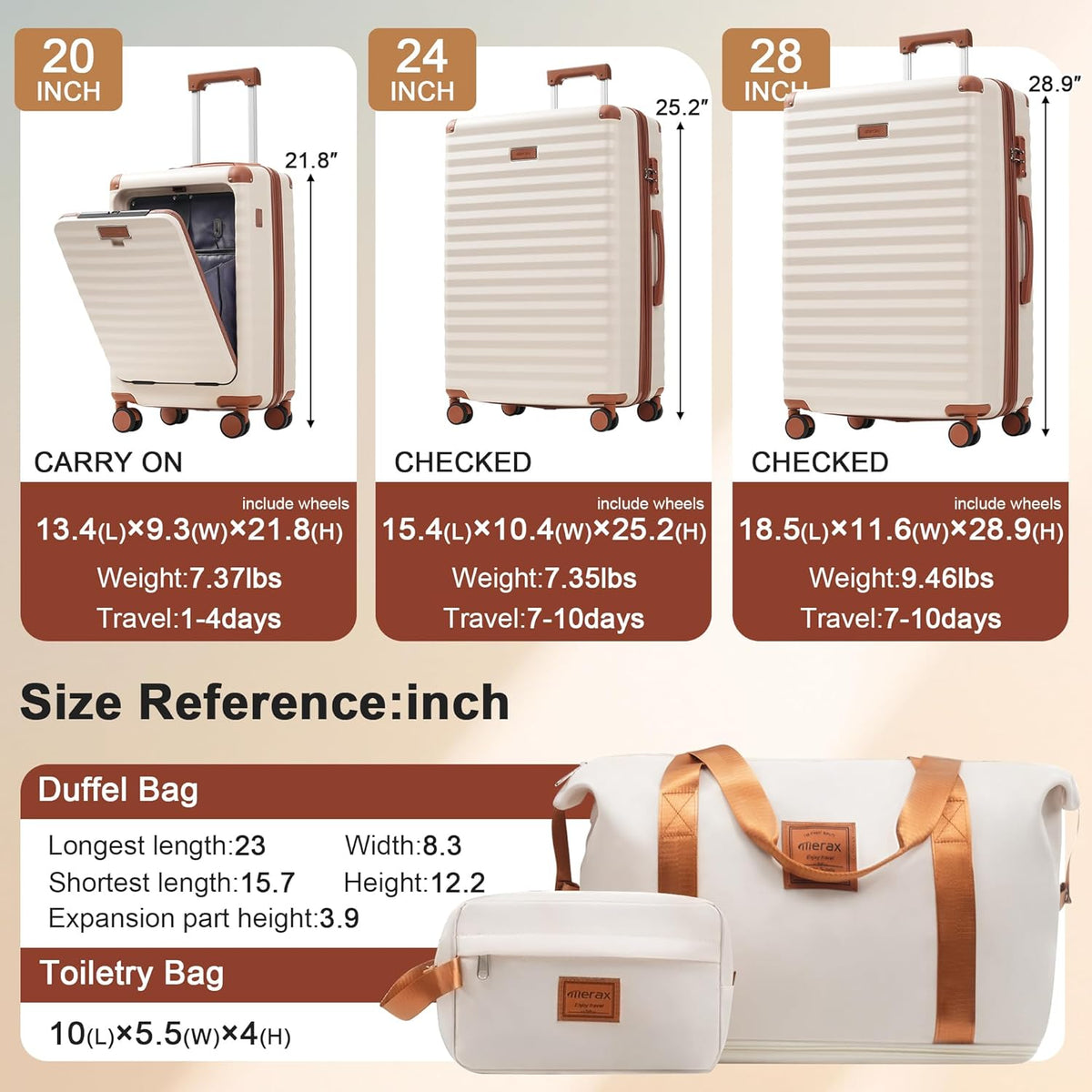 Hardshell Luggage Set, Travel Suitcase Set | Carry on suitcase,Travel luggage set with double spinner wheels and lock.14" 20" 24" 28"+Duffel Bag+Toiletry Bag - Colors A