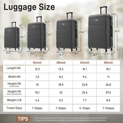 Hardshell Luggage Set, Travel Suitcase Set | Carry on suitcase,Travel luggage set with double spinner wheels and lock.14" 20" 24" 28"+Duffel Bag+Toiletry Bag - Colors A