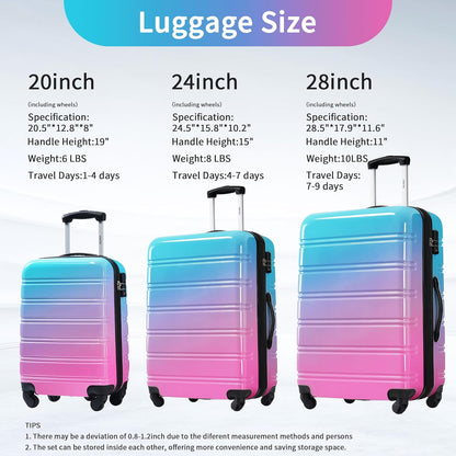 Hardshell Luggage Set, Travel Suitcase Set | Carry on suitcase,Travel luggage set with double spinner wheels and lock.14" 20" 24" 28"+Duffel Bag+Toiletry Bag - Colors A