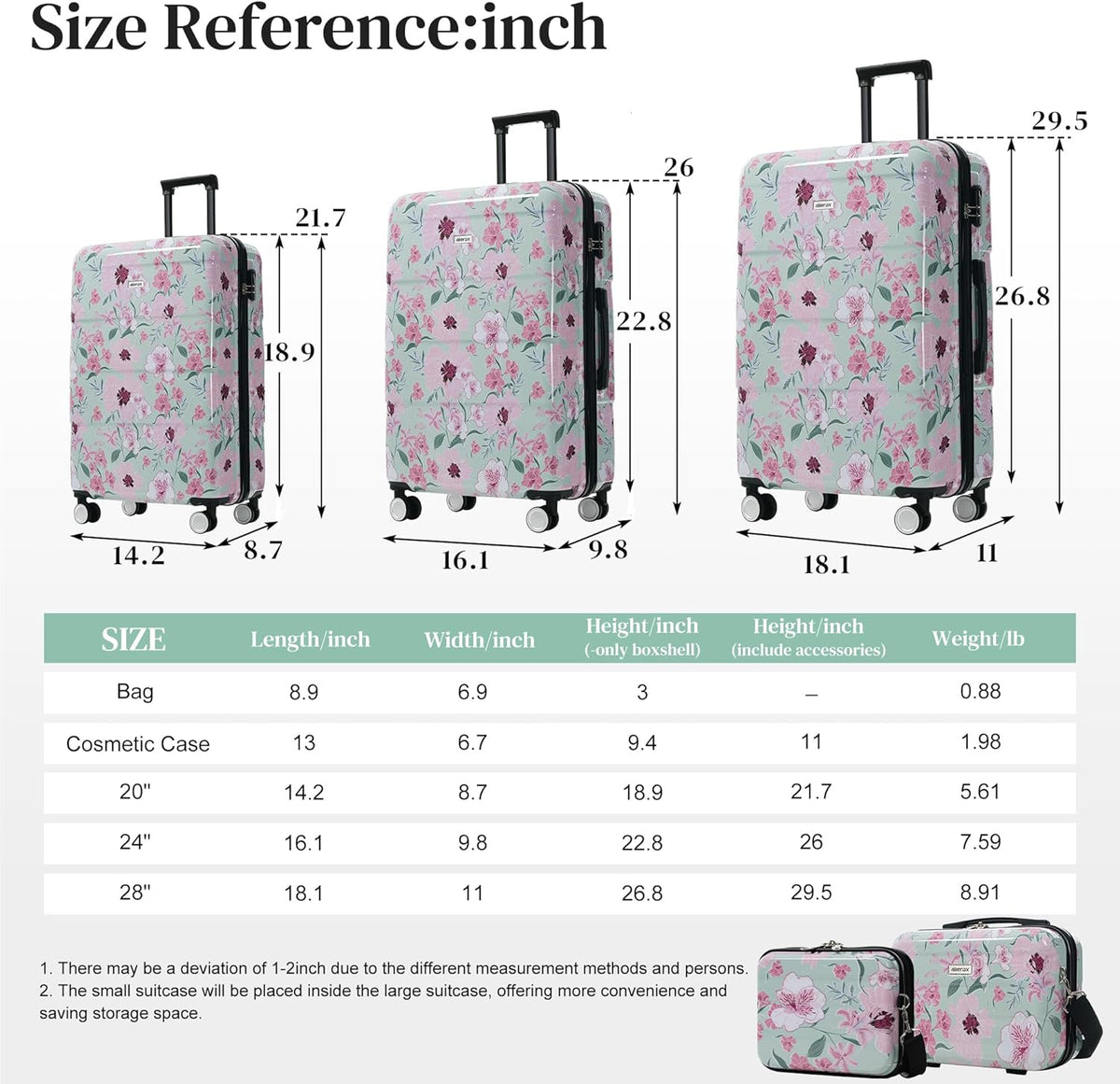 Hardshell Luggage Set, Travel Suitcase Set | Carry on suitcase,Travel luggage set with double spinner wheels and lock.14" 20" 24" 28"+Duffel Bag+Toiletry Bag - Colors A