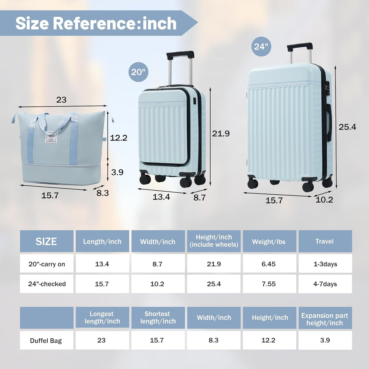Hardshell Luggage Set, Travel Suitcase Set | Carry on suitcase,Travel luggage set with double spinner wheels and lock.14" 20" 24" 28"+Duffel Bag+Toiletry Bag - Colors A
