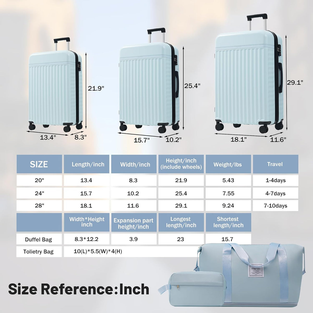 Hardshell Luggage Set, Travel Suitcase Set | Carry on suitcase,Travel luggage set with double spinner wheels and lock.14" 20" 24" 28"+Duffel Bag+Toiletry Bag - Colors A