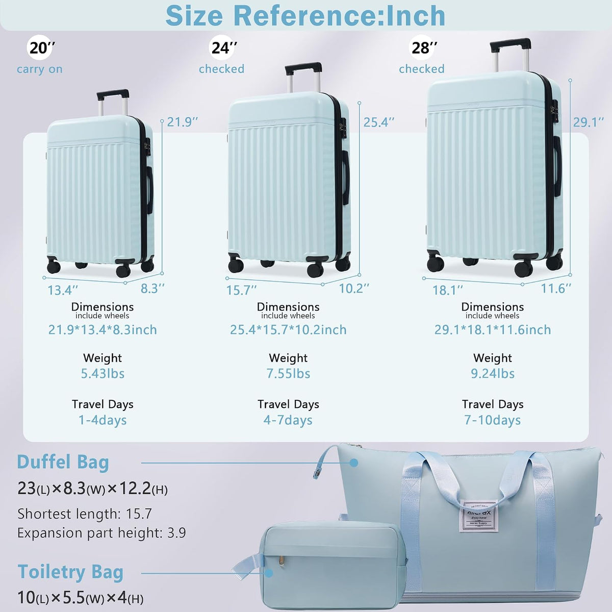 Hardshell Luggage Set, Travel Suitcase Set | Carry on suitcase,Travel luggage set with double spinner wheels and lock.14" 20" 24" 28"+Duffel Bag+Toiletry Bag - Colors A