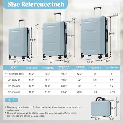 Hardshell Luggage Set, Travel Suitcase Set | Carry on suitcase,Travel luggage set with double spinner wheels and lock.14" 20" 24" 28"+Duffel Bag+Toiletry Bag - Colors A